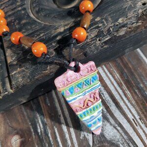 Artisan Tribal Triangle Unglazed Clay Pink Black Multicolor Pendant Necklace